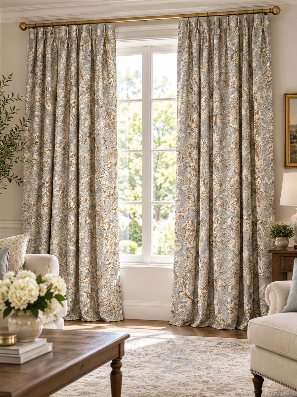 Custom Lined Damask Curtain Panels Pair Blue Ivory Gold Drapes